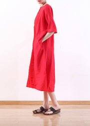 DIY o neck half sleeve linen summer Robes design red Dresses - SooLinen