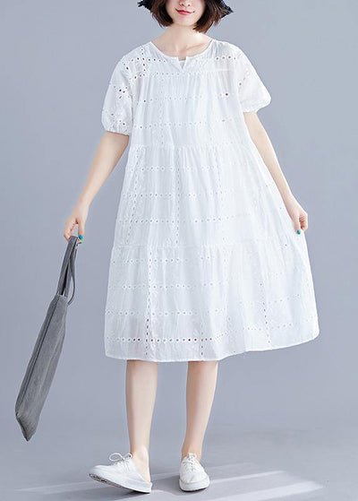 DIY o neck hollow out Cotton dress Tutorials white Dress summer - SooLinen