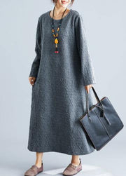 DIY o neck jacquard cotton tunic dress Catwalk gray Maxi Dress fall - SooLinen