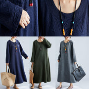 DIY o neck jacquard cotton tunic dress Catwalk gray Maxi Dress fall - SooLinen