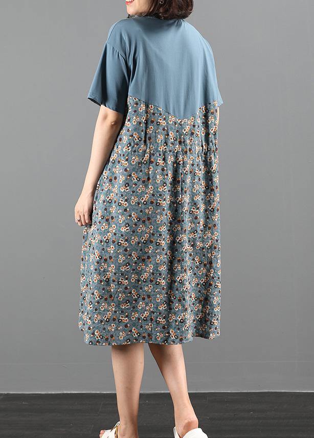 DIY o neck patchwork Wardrobes Neckline blue print Maxi Dresses - SooLinen
