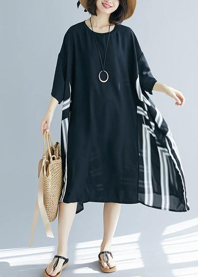 DIY o neck patchwork chiffon Long Shirts Fitted Life black striped Maxi Dresses Summer - SooLinen