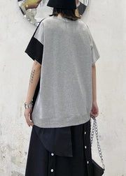 DIY o neck patchwork cotton summer women Inspiration gray blouse - SooLinen