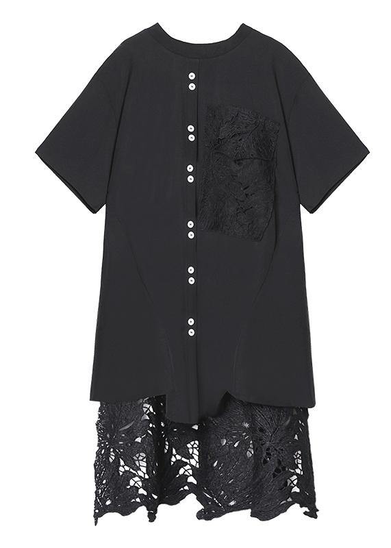 DIY o neck patchwork lace dresses Work Outfits black Dress - SooLinen