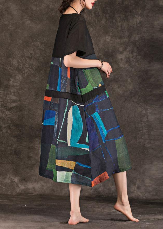 DIY o neck patchwork linen clothes For Women Online Shopping black print Dresses summer - SooLinen