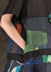 DIY o neck patchwork linen clothes For Women Online Shopping black print Dresses summer - SooLinen