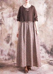 DIY o neck patchwork linen cotton clothes For Women Neckline brown print Dress fall - SooLinen