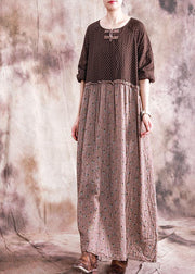 DIY o neck patchwork linen cotton clothes For Women Neckline brown print Dress fall - SooLinen