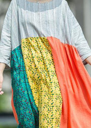 DIY o neck patchwork linen outfit Runway multicolor Dress summer - SooLinen