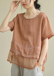 DIY o neck patchwork linen tunic top Tutorials orange embroidery blouses - SooLinen