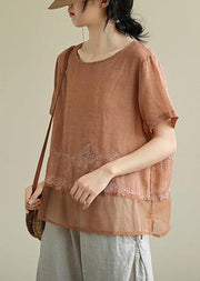 DIY o neck patchwork linen tunic top Tutorials orange embroidery blouses - SooLinen