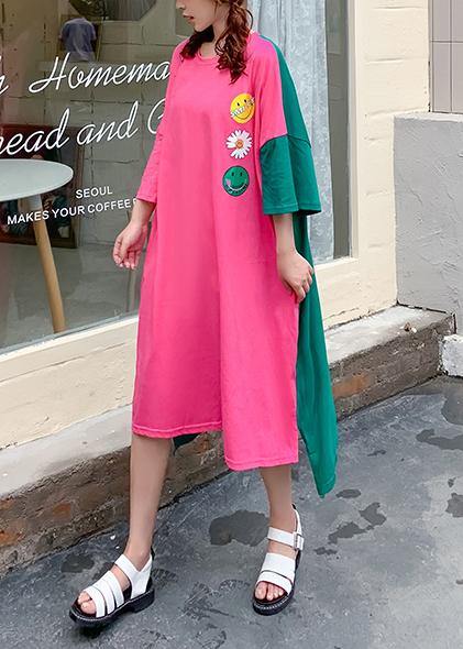 DIY o neck patchwork outfit Tutorials rose Smiley print loose Dresses - SooLinen