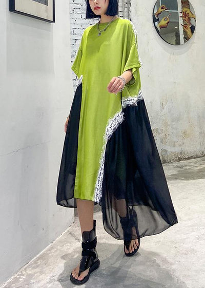 DIY o neck patchwork tulle cotton Neckline green Maxi Dresses - SooLinen