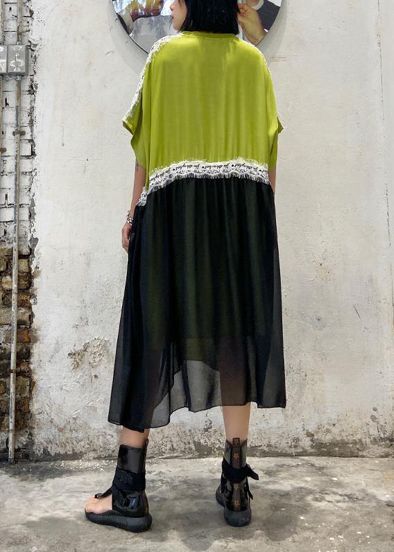 DIY o neck patchwork tulle cotton Neckline green Maxi Dresses - SooLinen
