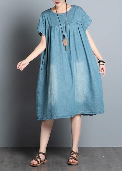 DIY o neck pockets Cotton short Sleeve denim blue Dress summer - SooLinen