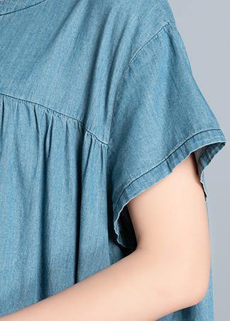 DIY o neck pockets Cotton short Sleeve denim blue Dress summer - SooLinen