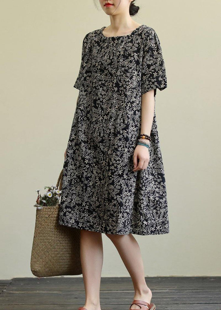 DIY o neck pockets linen summer dress pattern black print Dresses - SooLinen