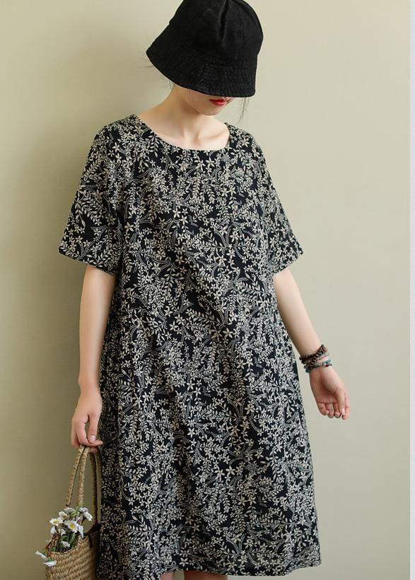DIY o neck pockets linen summer dress pattern black print Dresses - SooLinen