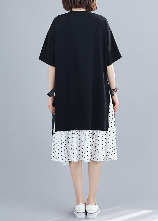 DIY o neck quilting dresses Sewing black patchwork dotted Dress - SooLinen
