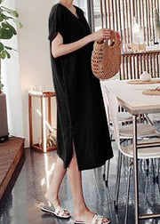 DIY o neck side open Cotton summer Tunics linen black Dress - SooLinen