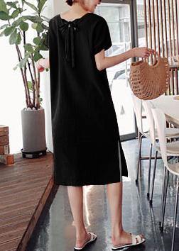 DIY o neck side open Cotton summer Tunics linen black Dress - SooLinen
