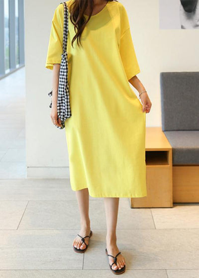 DIY o neck side open cotton Tunics Shape yellow long Dress - SooLinen
