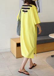 DIY o neck side open cotton Tunics Shape yellow long Dress - SooLinen