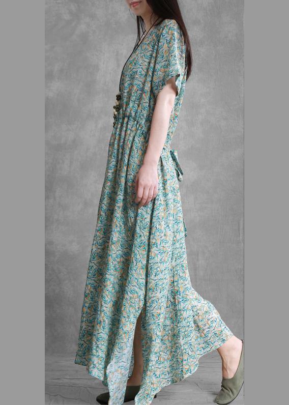 DIY o neck side open summer clothes For Women Outfits green print Dresses - SooLinen