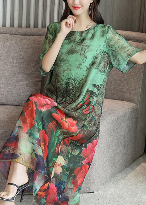 DIY o neck silk Tunics Work Outfits green print loose Dresses summer - SooLinen