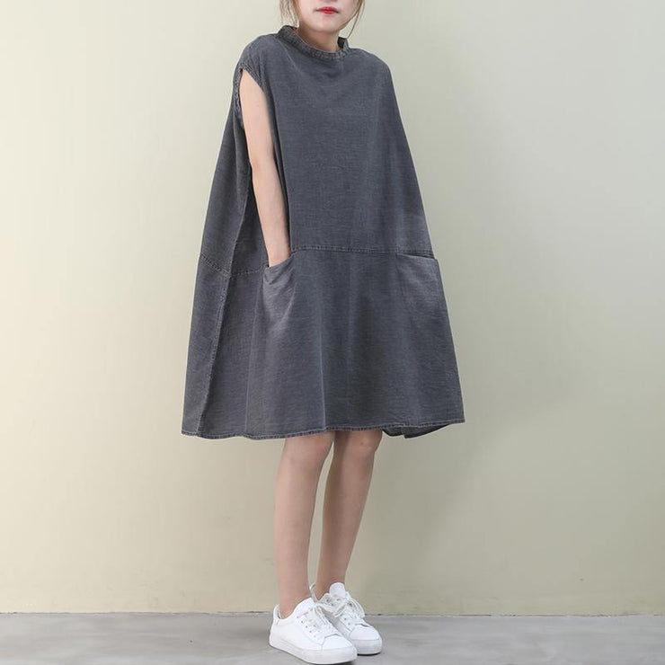 DIY o neck sleeveless Cotton outfit denim gray Dress - SooLinen