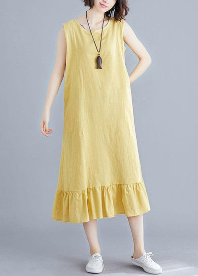 DIY o neck sleeveless linen clothes For Women Inspiration yellow Dresses summer - SooLinen