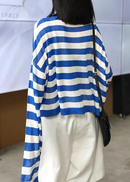 DIY o neck summer shirts Neckline blue striped top - SooLinen