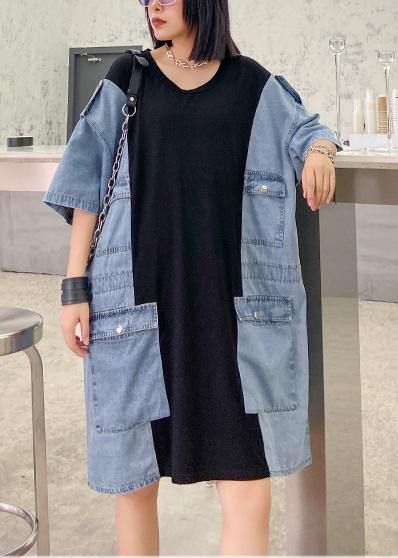 DIY o neck summer tunics for women black patchwork denim blue Dresses - SooLinen