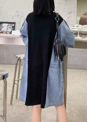 DIY o neck summer tunics for women black patchwork denim blue Dresses - SooLinen