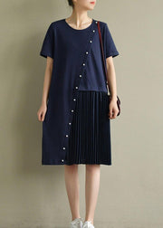 DIY o neck Cinched asymmetric Cotton Tunic Catwalk navy Dresses summer - SooLinen