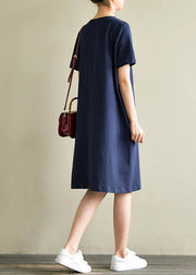 DIY o neck Cinched asymmetric Cotton Tunic Catwalk navy Dresses summer - SooLinen