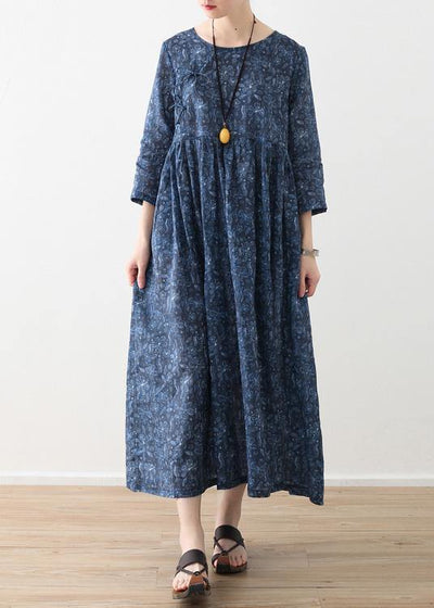 DIY o neck Cinched linen clothes For Women blue print Dress - SooLinen