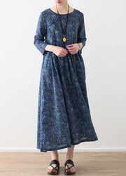 DIY o neck Cinched linen clothes For Women blue print Dress - SooLinen
