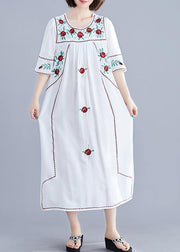 DIY o neck Cinched linen cotton clothes For Women Work white embroidery Dresses summer - SooLinen
