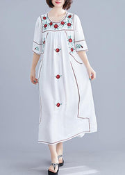 DIY o neck Cinched linen cotton clothes For Women Work white embroidery Dresses summer - SooLinen