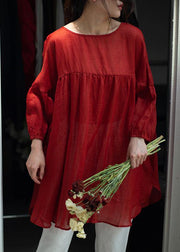 DIY o neck Cinched linen summer Blouse Shape red shirts - SooLinen
