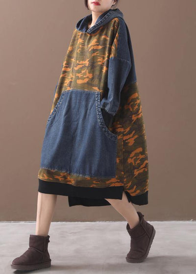 DIY orange Camouflage cotton clothes For Women hooded Maxi patchwork Dresses - SooLinen