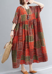 DIY orange red print cotton linen clothes o neck exra large hem cotton robes Dresses - SooLinen