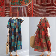 DIY orange red print cotton linen clothes o neck exra large hem cotton robes Dresses - SooLinen