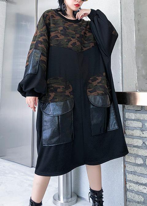 DIY patchwork Cotton big pockets tunics for women Fabrics black o neck Dress - SooLinen