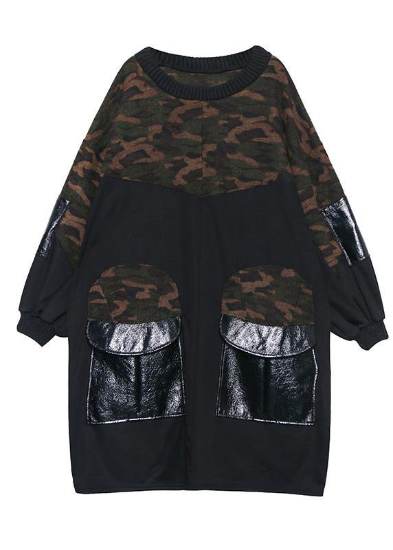 DIY patchwork Cotton big pockets tunics for women Fabrics black o neck Dress - SooLinen