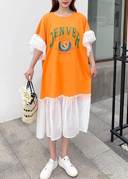 DIY patchwork cotton summerclothes For Women Tunic Tops yellow alphabet prints long Dress - SooLinen