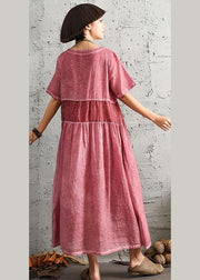 DIY patchwork linen outfit Photography orange o neck Dress summer - SooLinen