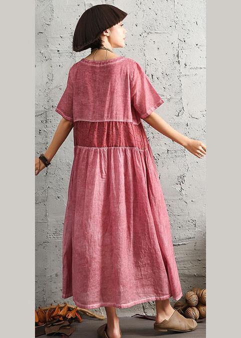 DIY patchwork linen outfit Photography orange o neck Dress summer - SooLinen
