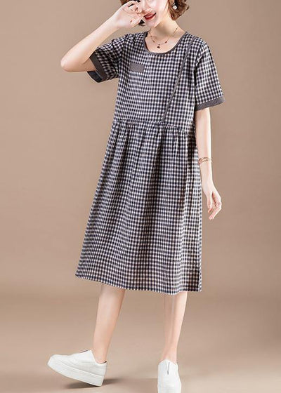 DIY patchwork pockets Cotton quilting dresses stylish Shape blue Plaid baggy Dress Summer - SooLinen